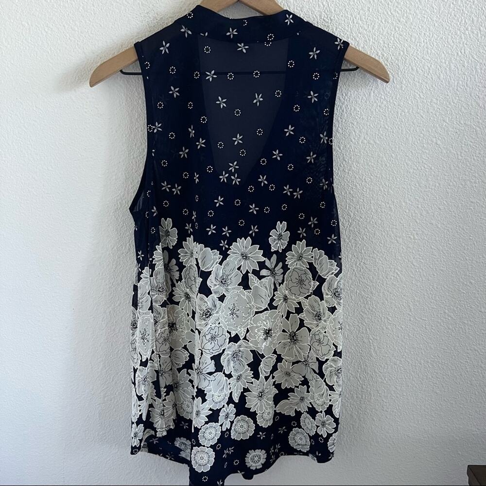 Ember Raised Painted Floral Navy Semi Sheer Secretary Tie Bow Top Blouse Shirt M - Picture 6 of 9